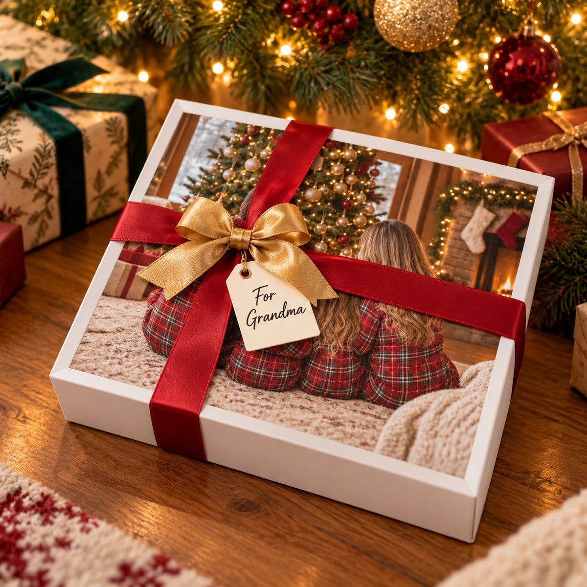 Photo puzzle gift wrapped with a red ribbon and a tag for Grandma