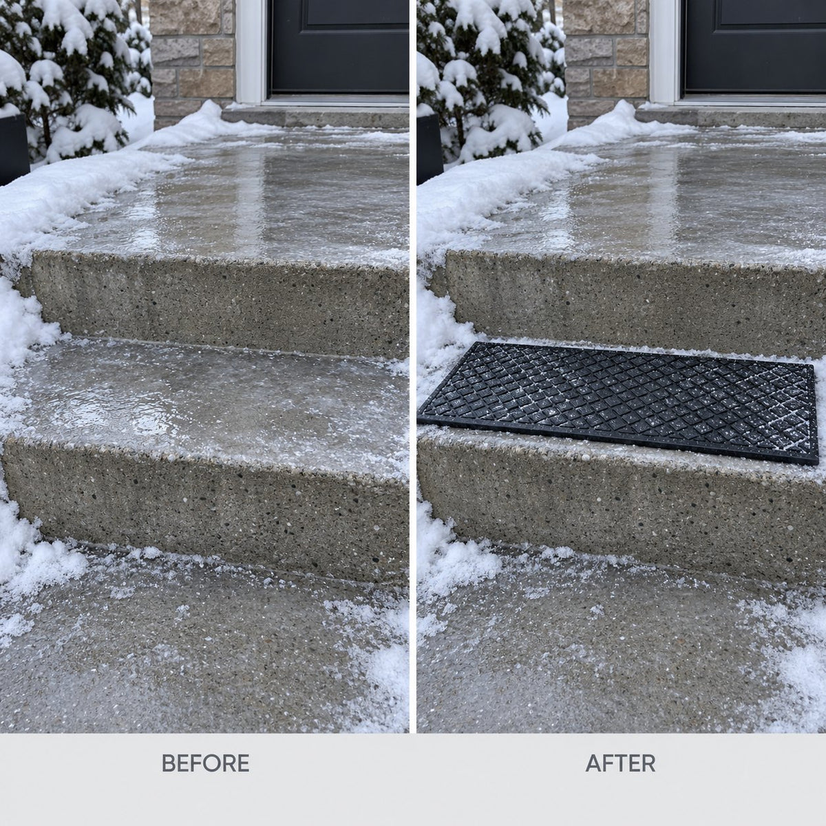 Icy front step before and after adding a rubber stair tread