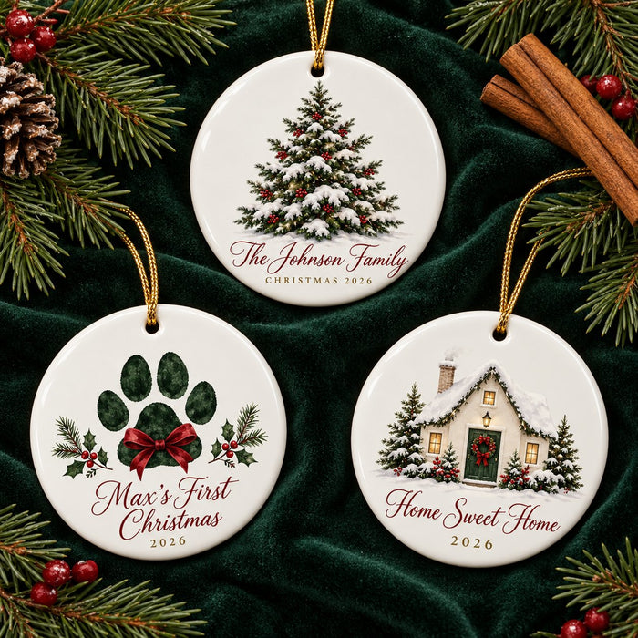 Set of three personalized ceramic ornaments on green velvet with pine branches