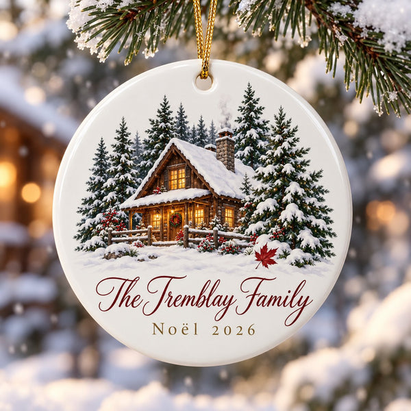 Snowy cabin family ornament