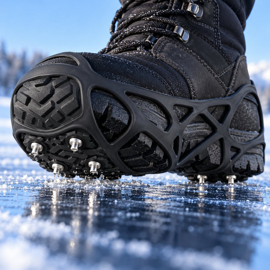 Ice cleat studs gripping glossy ice