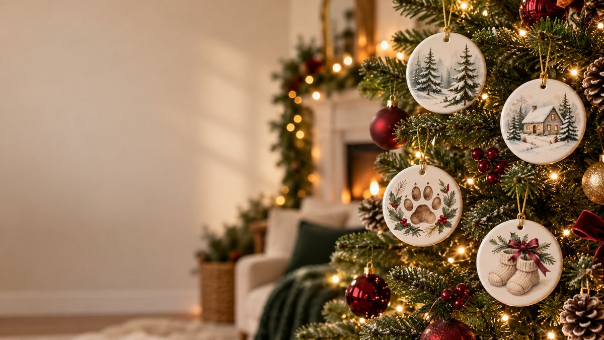Personalized ceramic ornaments hanging on a lit Christmas tree