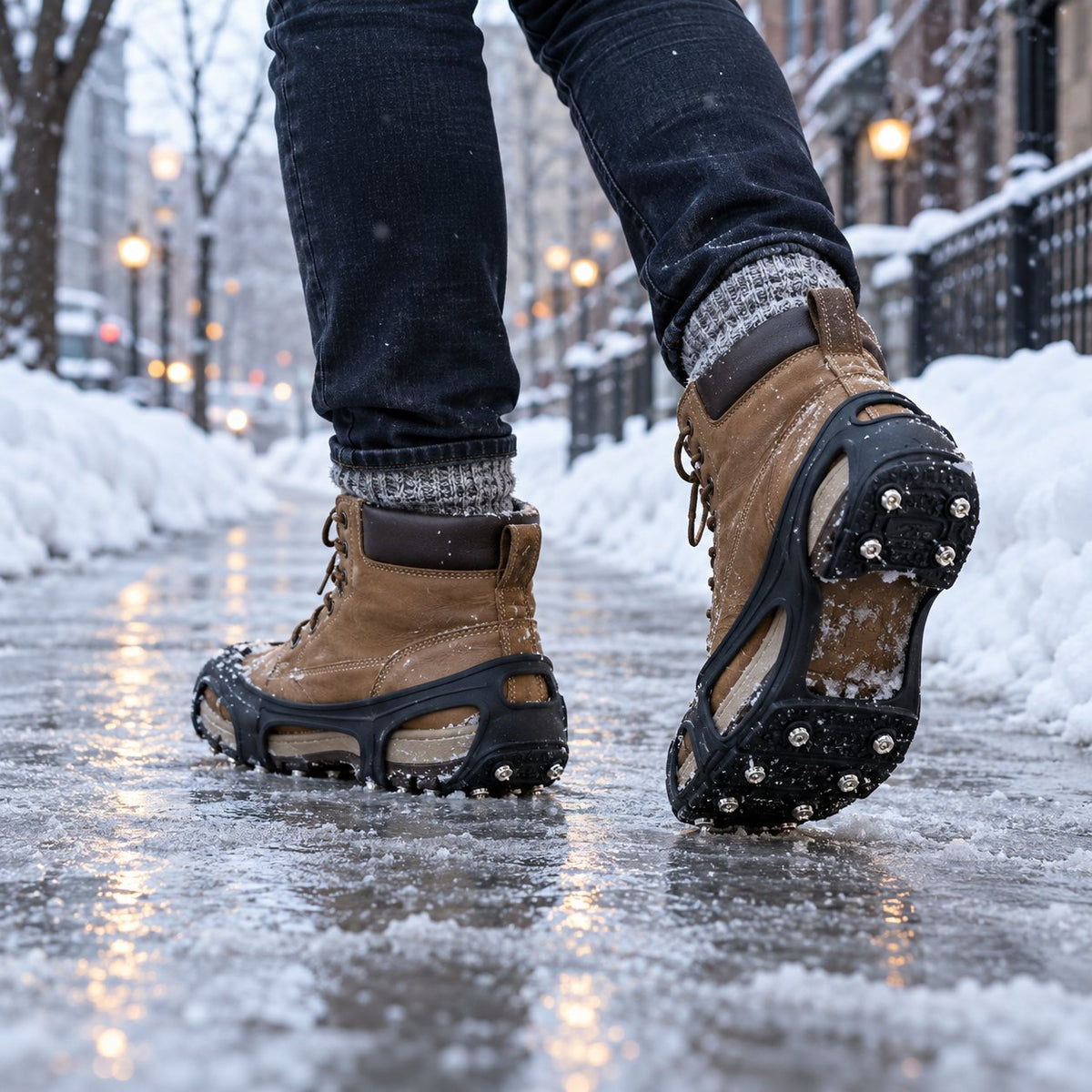 Walking on an icy city sidewalk with ice cleats on winter boots