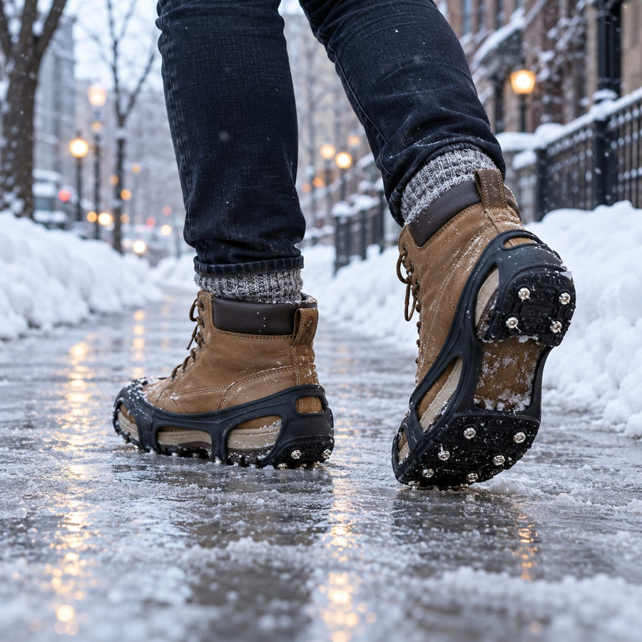 Person walking on an icy sidewalk wearing ice cleats over winter boots