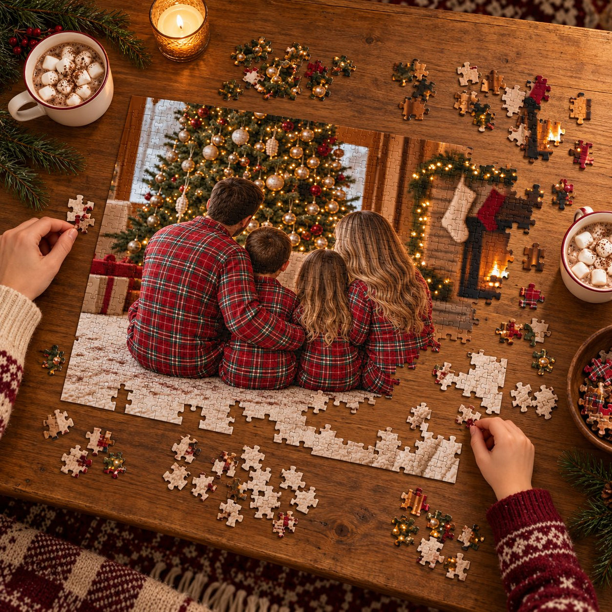 Family photo puzzle in progress on a wooden table