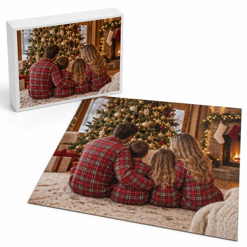 Custom family photo puzzle assembled next to its box