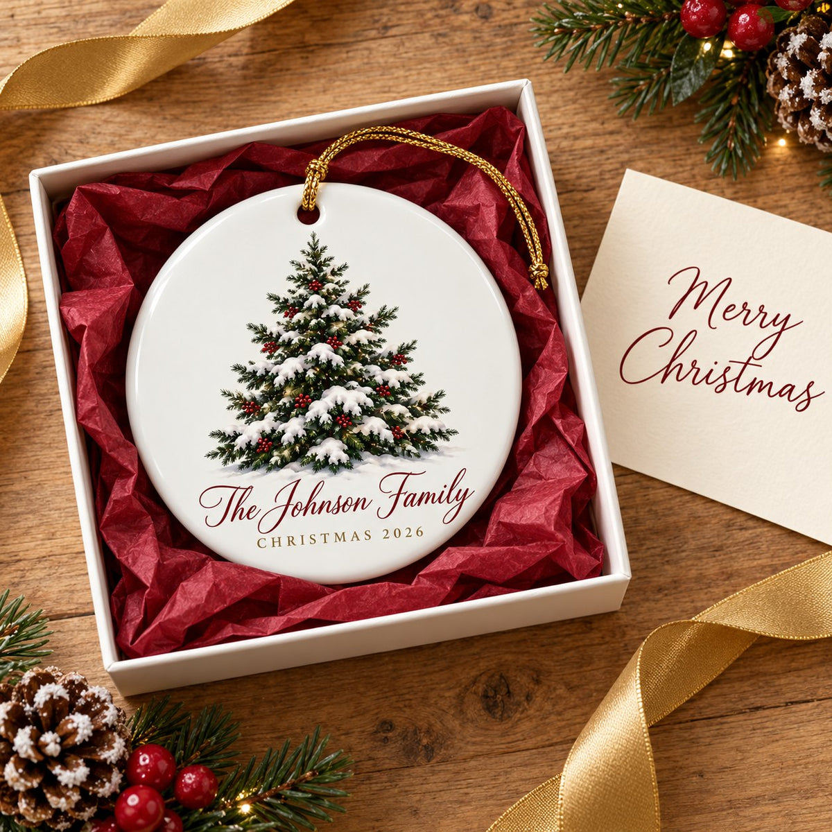 Personalized Johnson Family ornament in a gift box with a Merry Christmas card