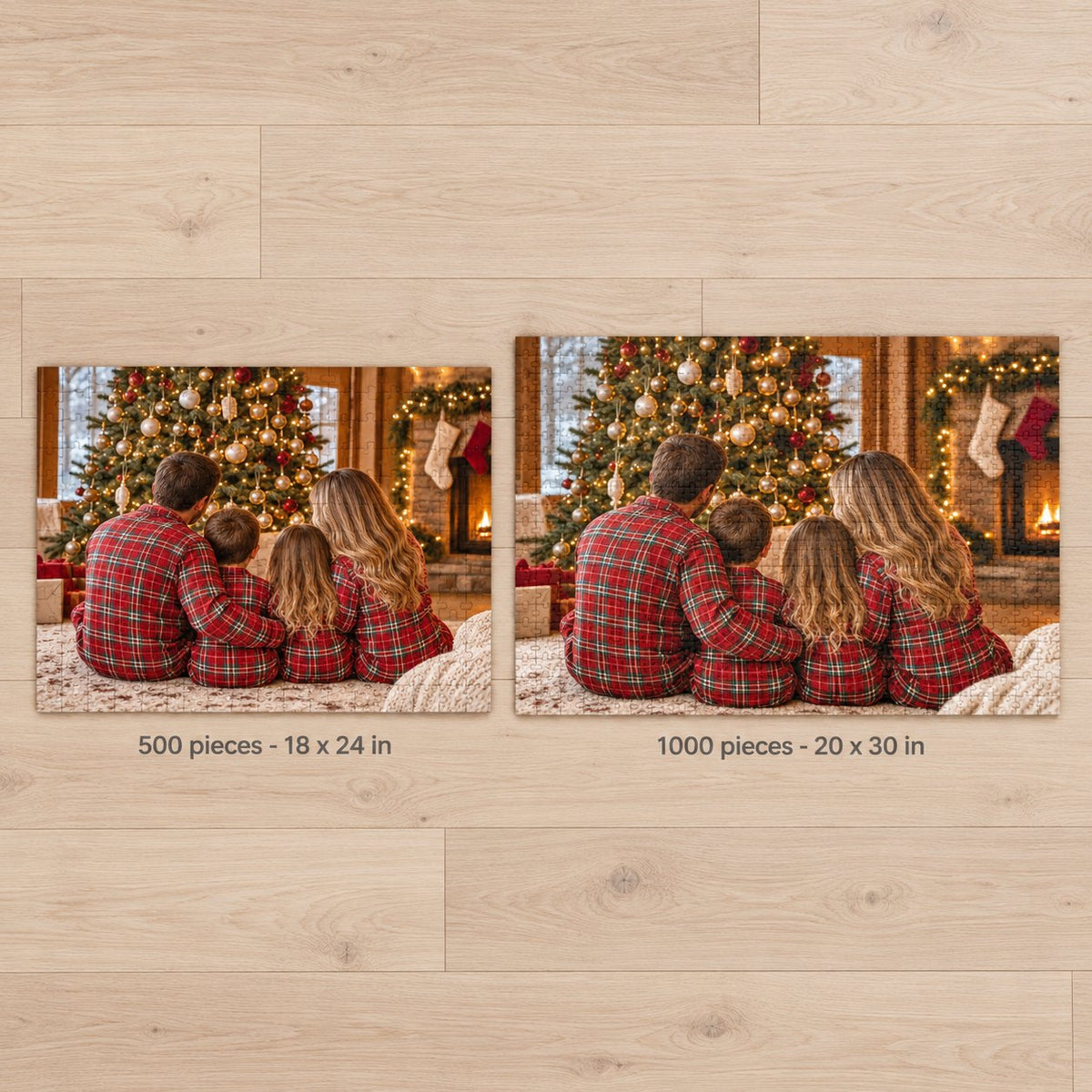 Side-by-side comparison of 500-piece and 1000-piece family photo puzzles