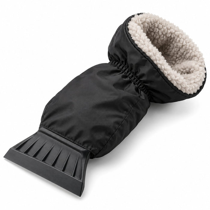 Ice scraper with attached black fleece-lined mitt