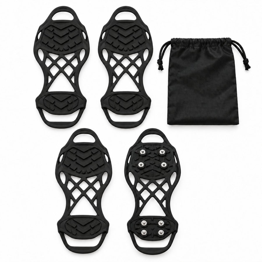 Four black ice cleats, one showing the studded sole