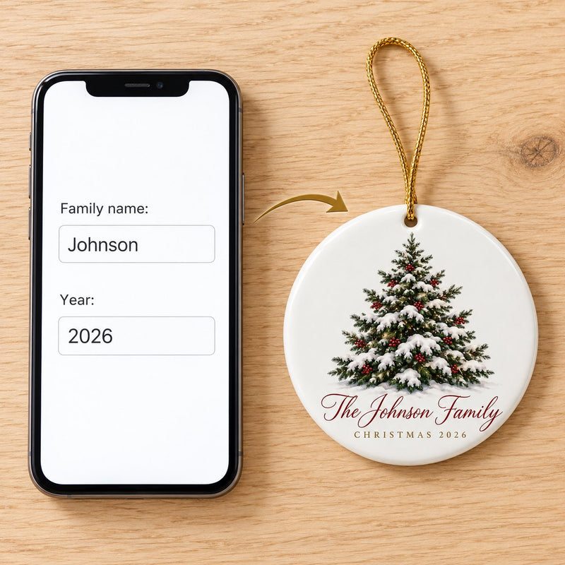 Order form with family name and year next to the finished ornament