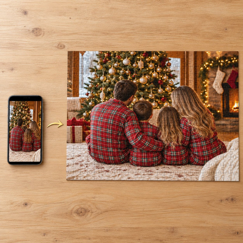 Phone photo next to the finished photo puzzle