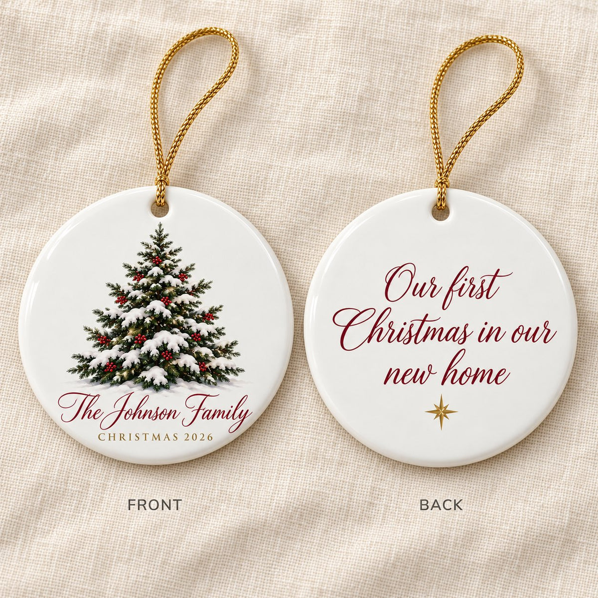 Front and back of personalized ornaments, family name on the front and a message on the back