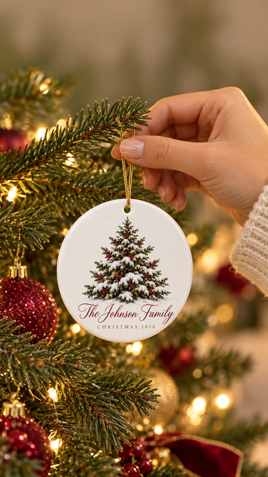Hand hanging a personalized family ornament on a Christmas tree