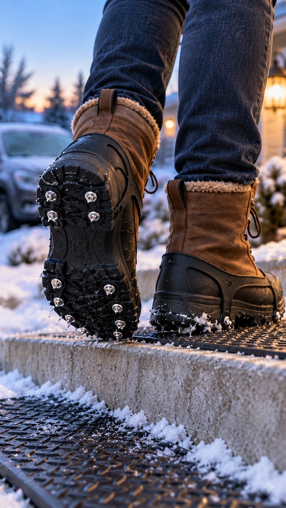 Ice-cleated boots on a snowy porch