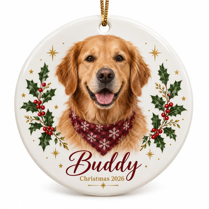 Personalized pet ornament with a golden retriever and the name Buddy, Christmas 2026