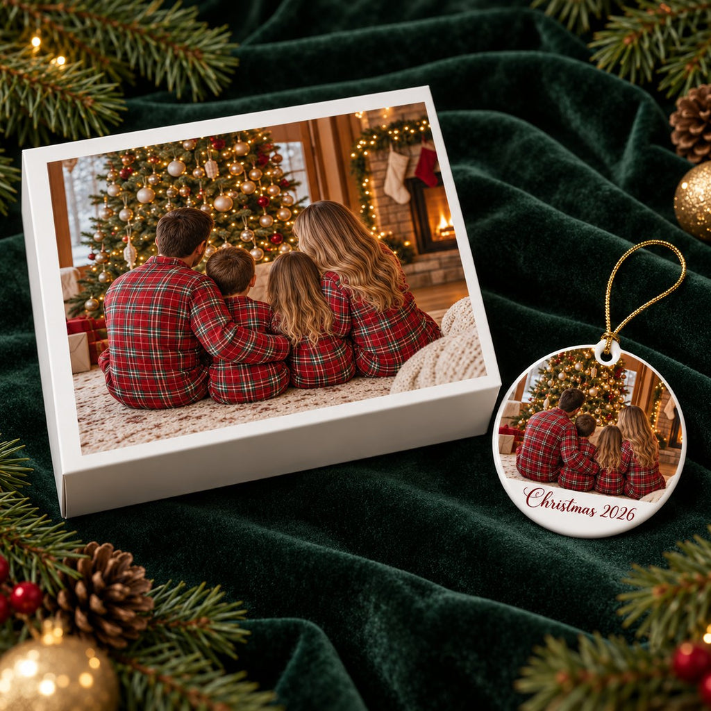 Photo puzzle box and matching photo ornament on green velvet