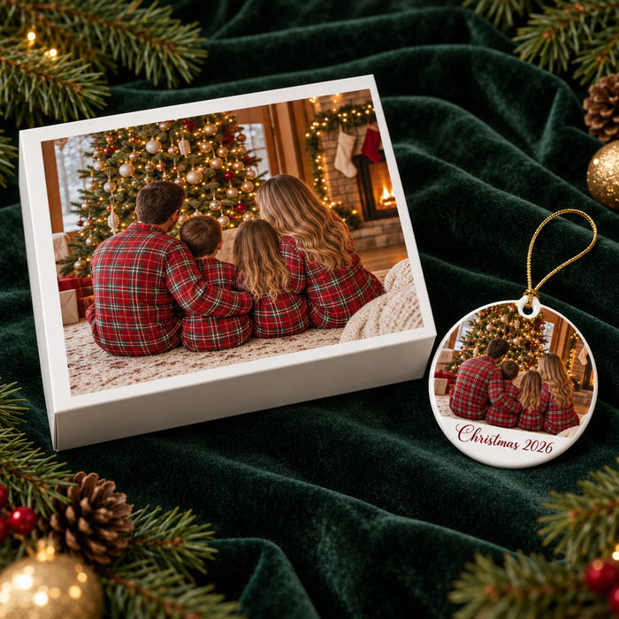Photo puzzle box and matching photo ornament on green velvet