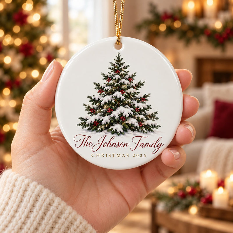 Personalized Johnson Family ornament held in hand by the fireplace