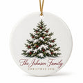 Personalized white ceramic Christmas ornament with snowy pine tree and The Johnson Family, Christmas 2026