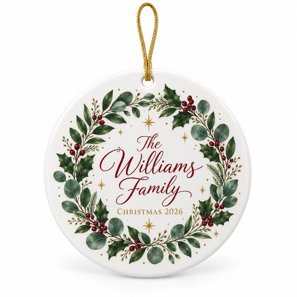 Holly wreath family ornament