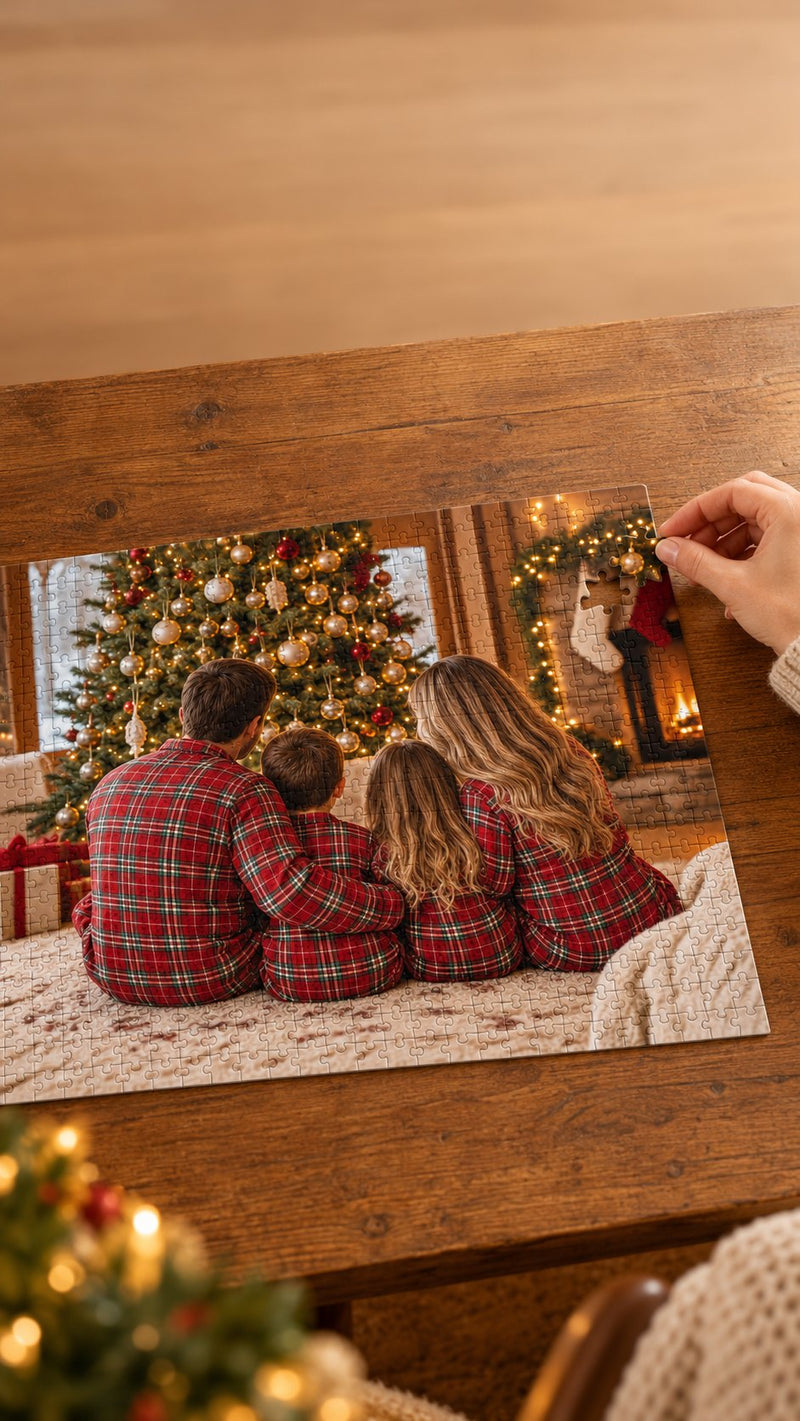 Hand placing the final piece of a family photo puzzle