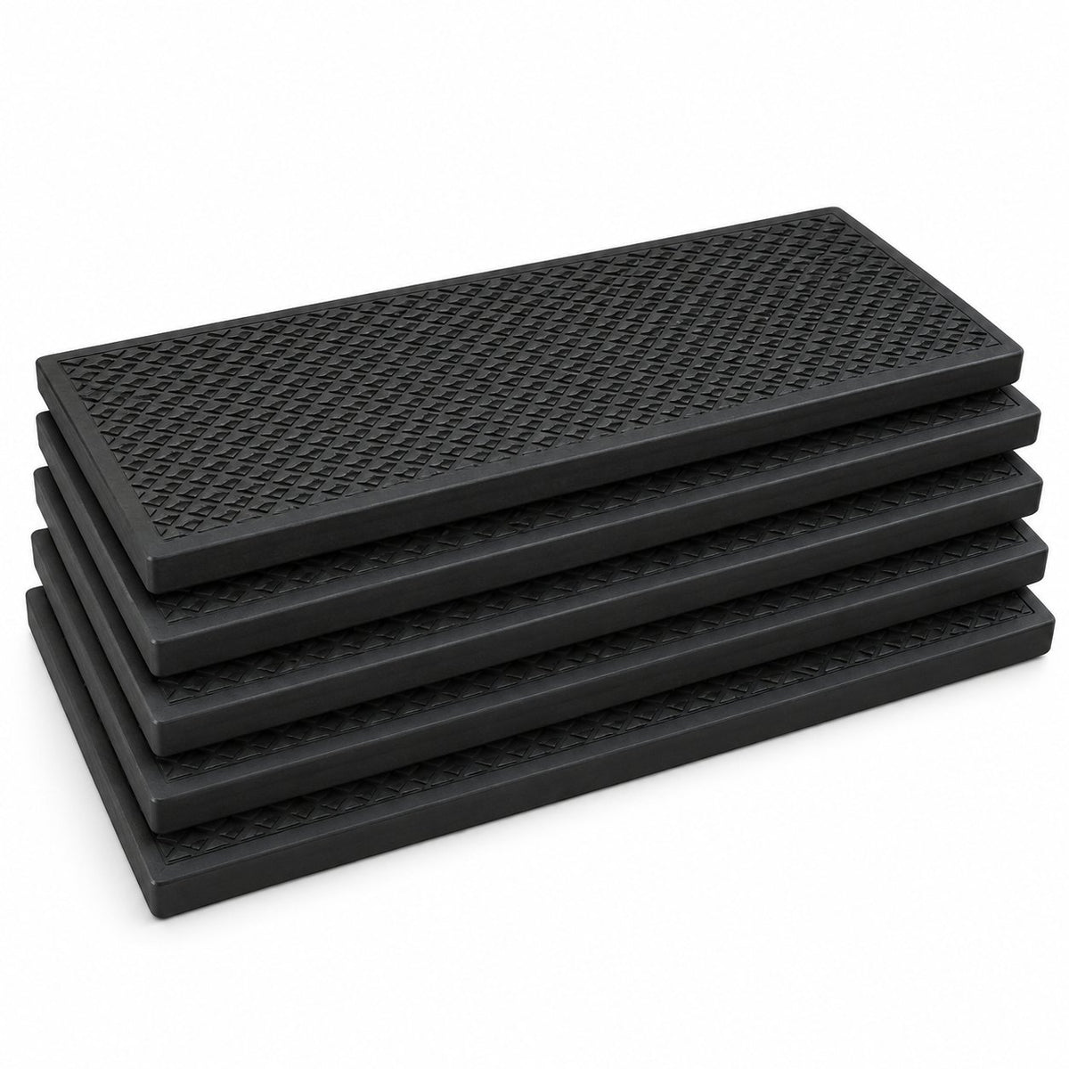 Five black textured rubber stair treads stacked