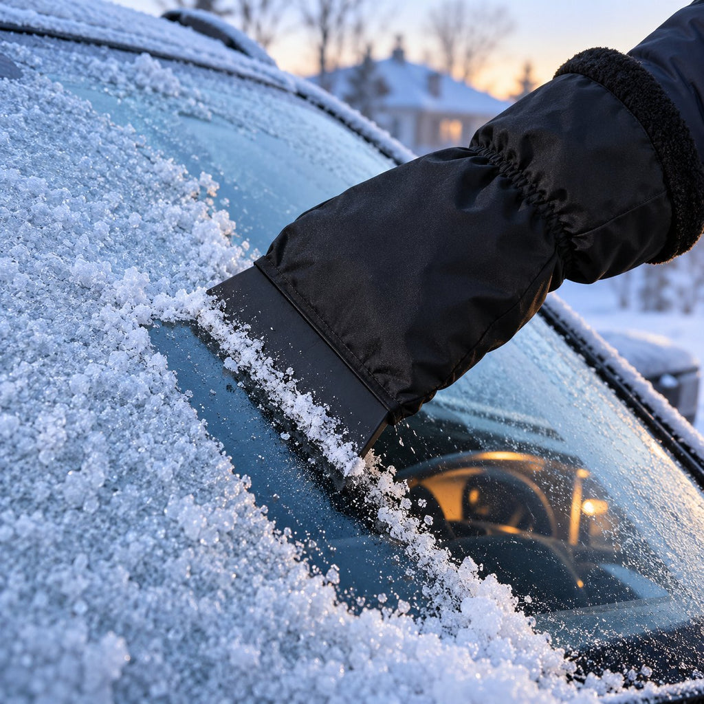 Scraping frost from a car windshield with the ice scraper mitt