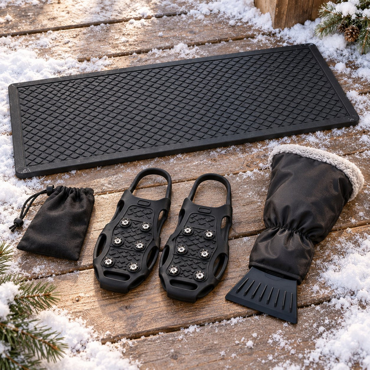 Winter ice kit with cleats, stair tread, pouch and scraper mitt